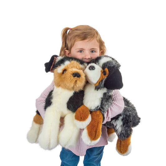 Child holding two emotional support stuffed dogs against a white background