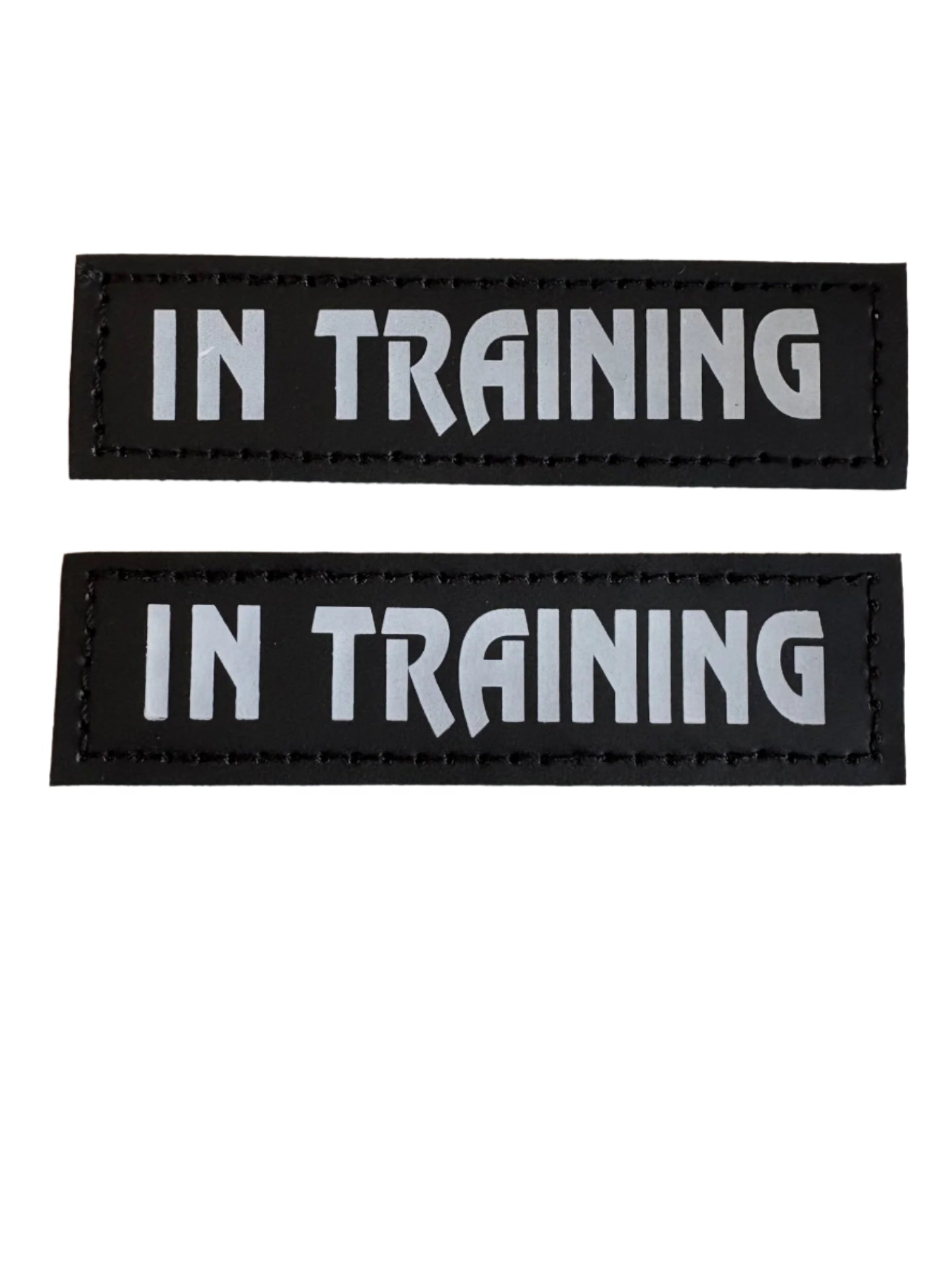 Two black patches with 'IN TRAINING' text on a light gray background
