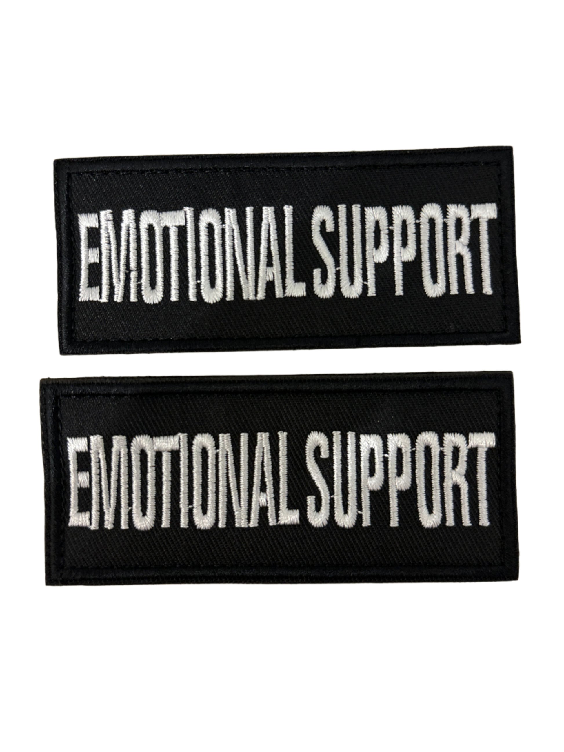 Two black patches with 'EMOTIONAL SUPPORT' text on a beige background